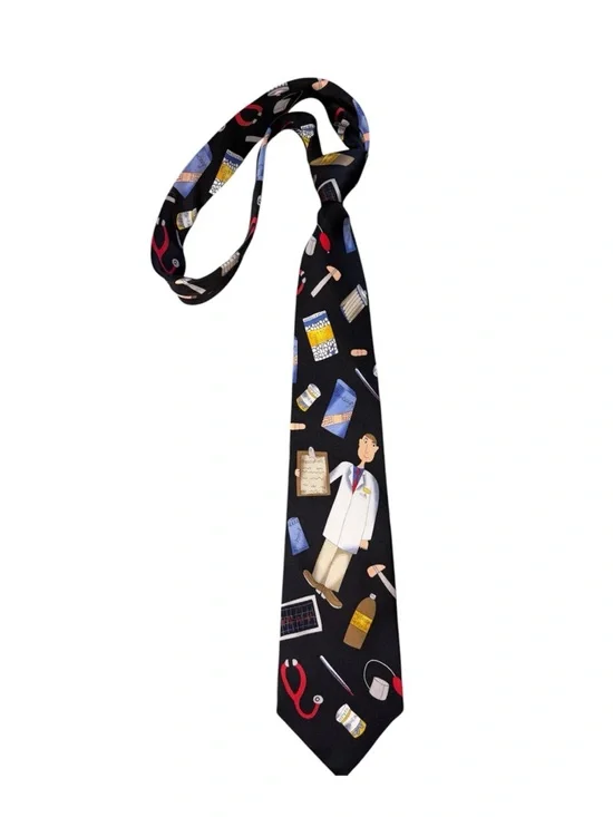 Save the Children Silk Medical Tie Doctor Nurse Stethoscope Novelty Black - Picture 1 of 7